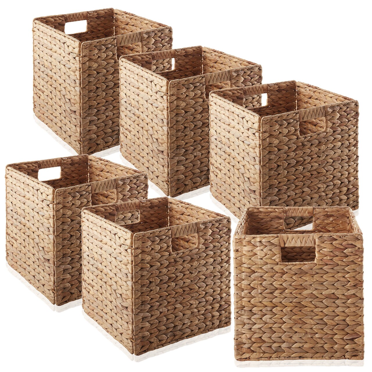 Casafield 12" x 12" Water Hyacinth Storage Baskets, Collapsible Cube Organizers, Woven Bins for Bathroom, Bedroom, Laundry, Pantry, Shelves